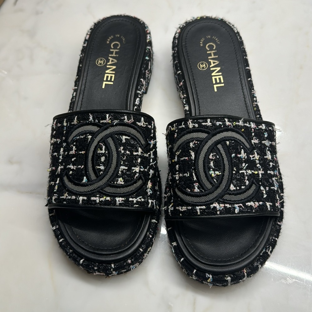 Chanel Tweed Logo Sandals